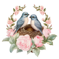 Watercolor Vintage  bird nest, Victorian, Easter pastel color blue and pink