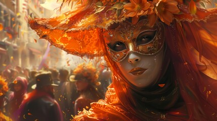 Amidst a bustling masquerade, a figure shrouded in elegance and intrigue navigates the vibrant festivities4