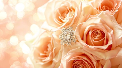 A close-up of delicate peach roses, accented by a glittering brooch, against a dreamy light-infused backdrop
