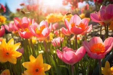 Spring tulips in bloom with bees pollinating in sunny garden. Nature and renewal.