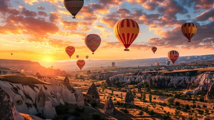 A picturesque scene of vibrant hot air balloons floating above the rocky landscapes of Cappadocia during a breathtaking sunrise