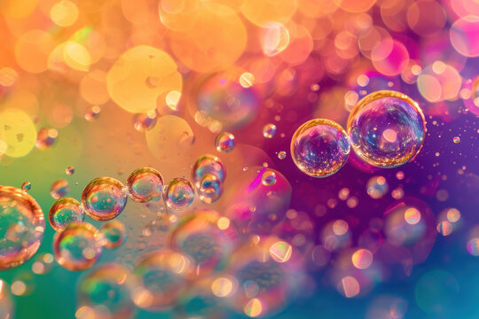 Vibrant close-up of bubbles with rainbow bokeh effect. Abstract background.