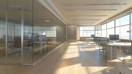 An empty office space with floor-to-ceiling glass walls offering a panoramic view of a bustling cityscape