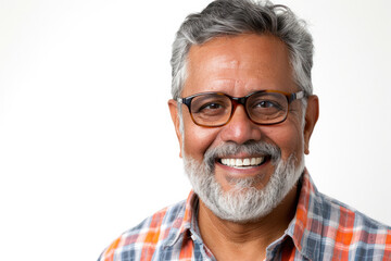 Obraz premium Smiling senior man with glasses in casual attire. Positive aging.