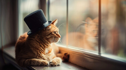 A cat wearing a black top hat sits confidently on a window sill, looking out with curiosity - obrazy, fototapety, plakaty