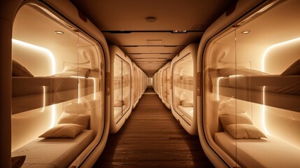 The interior of a modern pod hotel showcasing a line of sleeping capsules illuminated by a warm ambient light, evoking a futuristic feel