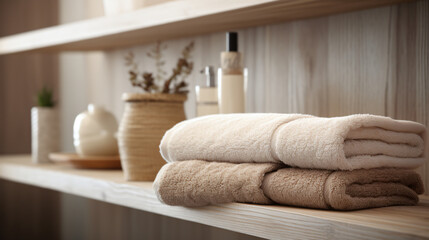 Towels on shelf in bathroom closeup. Spa treatment.