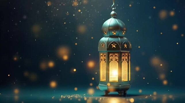 Islamic arabic lantern in the beautiful light animation. Ramadan Kareem, Ied Mubarak. 4K Generative AI video looping animation