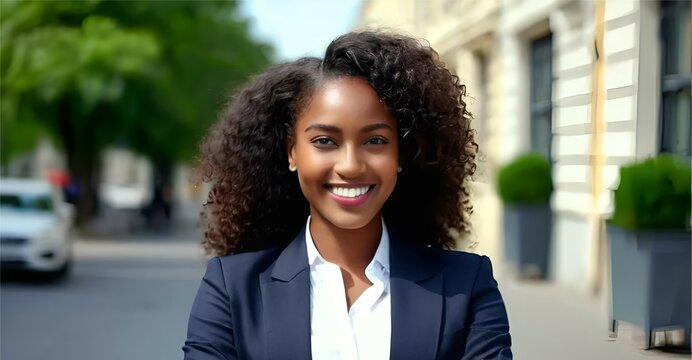 Young happy pretty smiling professional business black woman, happy confident positive female entrepreneur standing outdoor on street arms crossed, looking at camera Generative AI
