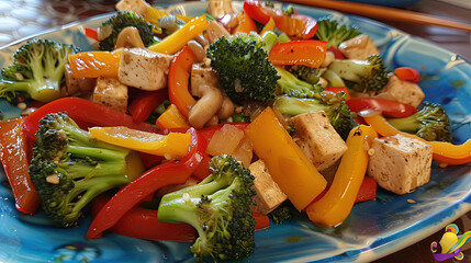 A blue plate with tofu cubes and broccoli florets neatly arranged, showcasing a healthy and nutritious meal