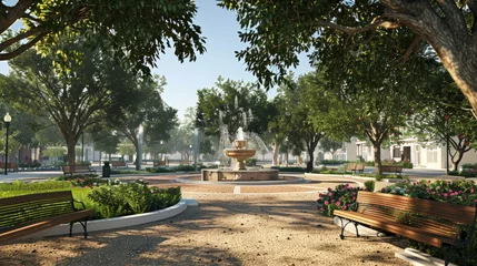 Keuken spatwand met foto A park filled with benches, a fountain, and lush trees creating a serene atmosphere © sommersby