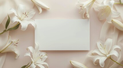 White rectangular banner with lilies around