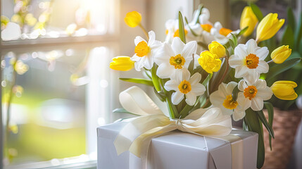 A white box filled with vibrant yellow and white flowers, creating a visually pleasing arrangement