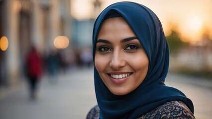 Portrait of a beautiful muslim woman wearing hijab smiling at camera