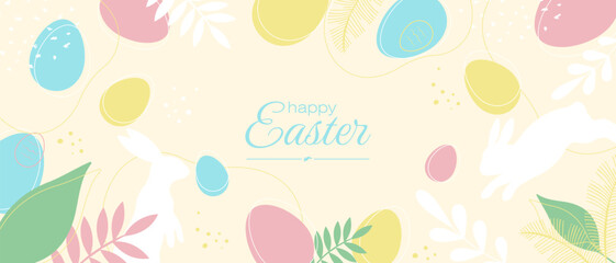 Abstract horizontal Easter banner in minimalist style with bunny, Easter eggs and space for text. Vector illustration for cover, social media posts and stories, cards, discounts, invitations, banners.