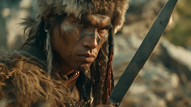 Wearing a traditional buffalo robe and armed with a deadly knife in his belt the Apache warrior exudes strength and fearlessness.