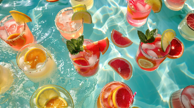 A pool filled with a variety of different drinks, creating a colorful and enticing display for guests to enjoy
