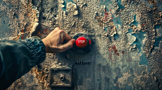 An aged hand is poised to push a vintage, worn-out stop button on a textured, industrial background