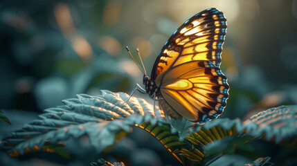 Butterfly on big Leave in a dark cinematic scene.