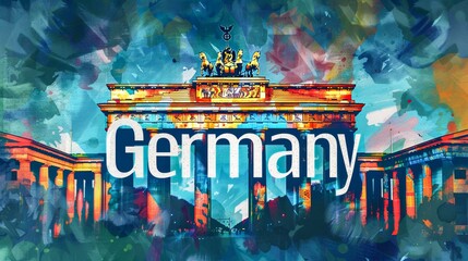 This image showcases the Brandenburg Gate in a creative and colorful digital painting style with bold Germany text - obrazy, fototapety, plakaty
