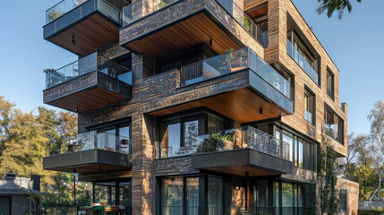 Fototapeta premium A tall building with an array of balconies jutting out from the structure. The balconies are evenly spaced and offer a high vantage point for residents