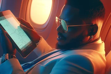 Fototapeten black businessman in glasses using a tablet on the plane © Ceric Jasmina