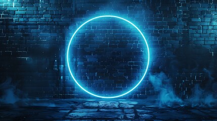 Neon circle on the background of a dark old brick wall