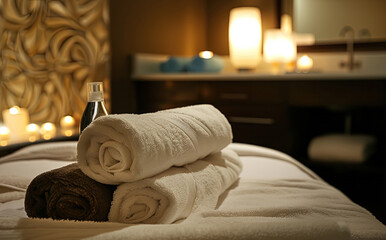 A hotel room featuring a neatly made bed adorned with candles and towels, creating a cozy and welcoming ambiance for guests