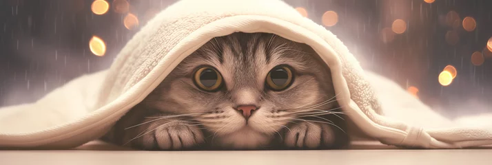 Fototapeten gray cat sits covered with a towel over her head © Ceric Jasmina