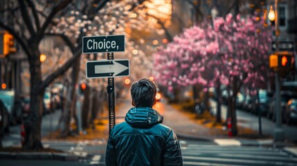 A man stands at an urban crossroad looking at a sign reading 'Choice', highlighting decision and uncertainty - obrazy, fototapety, plakaty