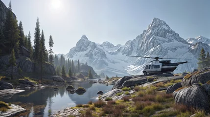 Poster Helicopter in the mountains. Landscape with a helicopter. © LAYHONG