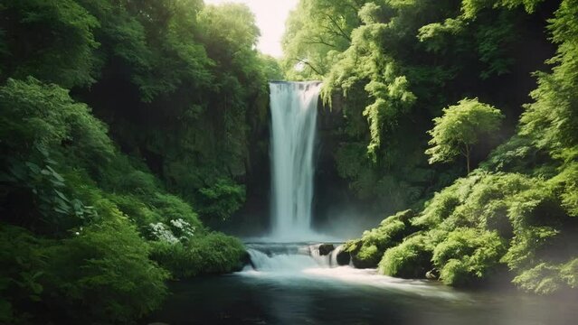 Nature river waterfall forest. 4K Generative AI video looping animation