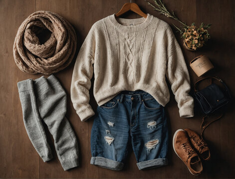 A cozy and comfortable casual outfit, perfect for a lazy day at home or running errands. The AI will render this in a soft and dreamy style, with warm tones and soft textures. Generative AI