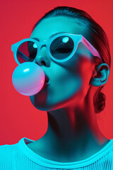 Woman Blowing Bubblegum Against Red Background