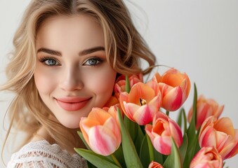 Fototapeta premium Radiant Woman Smiling With Bouquet of Tulips