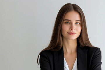 Confident Businesswoman in Black Blazer Against Grey Background