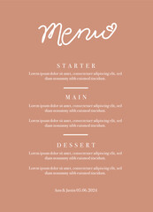 Menu card. Luxury dinner menu. Menu price list for restaurant, cafe, coffee shop vector template, wedding or other holiday. 
