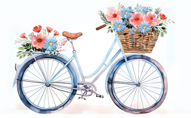 A pretty flower basket is on my bike. Watercolor painting - obrazy, fototapety, plakaty