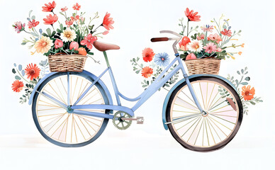 A pretty flower basket is on my bike. Watercolor painting