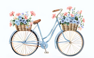 Fototapeta na wymiar A pretty flower basket is on my bike. Watercolor painting