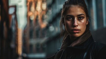 Obraz premium A contemplative young woman stands in the urban shadows, her profound gaze reflecting the depth of the cityscape around her.