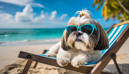 A Shih Tzu dog, wearing sunglasses, is lying on a beach chair on the beach, concept of holiday, travel and leisure