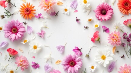 White background with vibrant spring flowers
