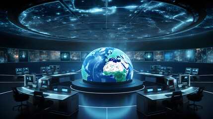  blue earth globe in a laboratory,lab research, spacestation view of earth, ai generated - obrazy, fototapety, plakaty