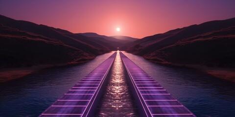 At sunset, an architectural water canal basks in the warm glow of the fading sun, its serene surface mirroring the changing colors of the sky - obrazy, fototapety, plakaty