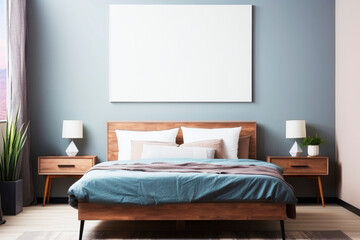 Minimalist bedroom with a blue wall, white and turquoise bedding, and modern furniture. White mocke up frame for design - obrazy, fototapety, plakaty