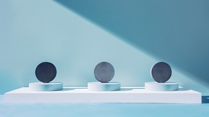 three concealed circles on stages on white surface against blue background - obrazy, fototapety, plakaty