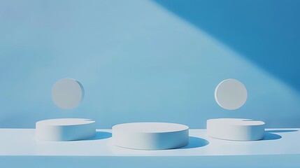 three concealed circles on stages on white surface against blue background - obrazy, fototapety, plakaty