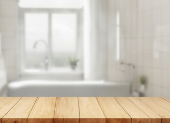 Wooden table for product display with blurred bright bathroom