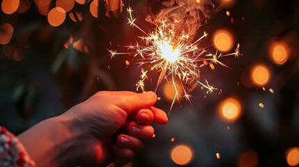 Close up woman hand holding burning sparkle blast on bokeh blurred background